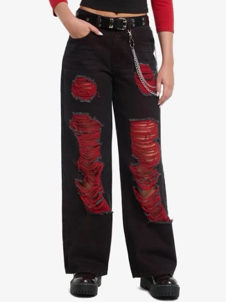 Distressed Wide Leg Belted Jeans with Side Chain