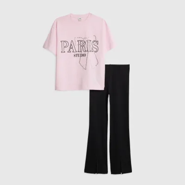 Girls Pink Paris Diamante T-Shirt Set
