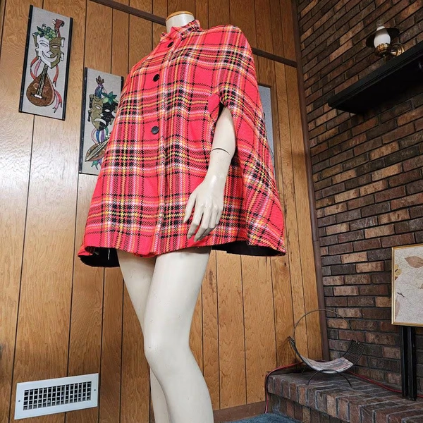 Vintage 1960s Mod Orange Red Plaid Youthquake Wool Poncho Mini Dress Cape Coat OS