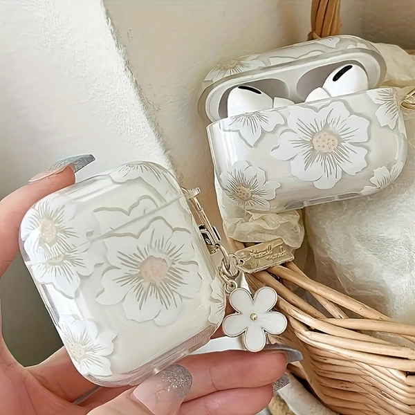 Fashionable white floral TPU protective case, suitable for Pro 2/1/2/3 Gen - wireless earbud protective case with anti drop design and keychain, wireless earbud storage | floral pattern case | durable protective case, Airpod protective case cute