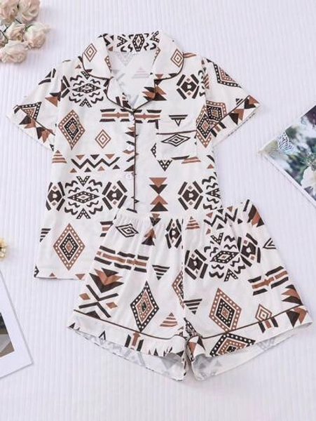 2pcs Retro Print Women Pajama Set, Shirt Collar Short Sleeve Comfy Top And Fitted Elastic Shorts, Stylish Sleepwear Loungewear, Suitable For Holidays, Parties, Casual Home Wear