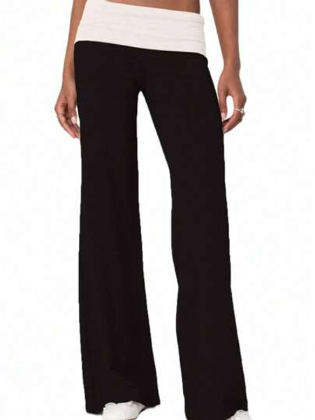 Women Y2k Palazzo Yoga Pants Fold Over Flare Leggings Low Rise Solid Color Stretch Casual Wide Leg Pants Comfy Lounge Pants Bootcut Bell Bottoms Baggy Sweatpants Streetwear