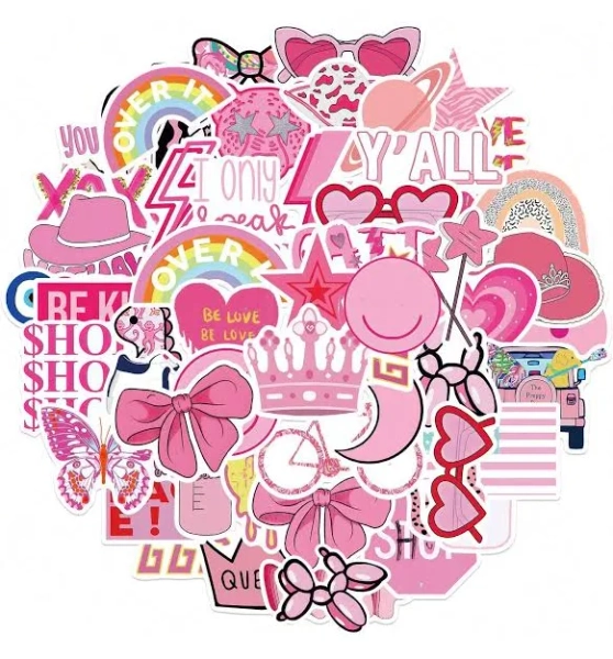 50PCS Pink Preppy Stickers Kids Cute Vinyl Waterproof Multicolor Laptop Bumper Skateboard Water Bottle Computer Phone Girls Arts Crafts Dec,one-size