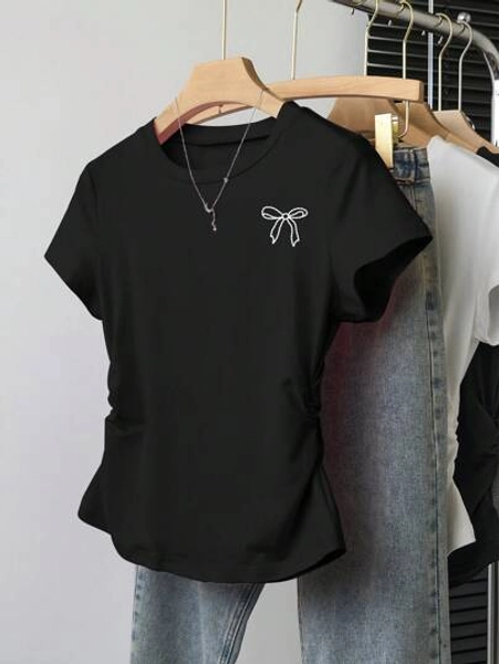 INAWLY Women's Fashionable & Simple Bow Pattern Short Sleeve T-Shirt, Suitable For Summer