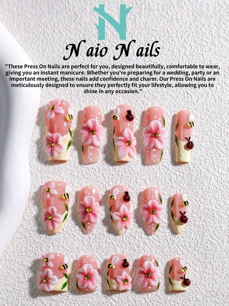 NAIO 10Pcs Press On Nails, 3 Sizes: Coffin/Almond/Short Square Tips, Y2K Baddie Style, Multi-Color French Edge, 3D Peach,Ladybug,Bee Relief, Rhinestones, Cream Texture, Women & Girls, Party/Daily Wear, Tool Kit, Gift Nail Supplies