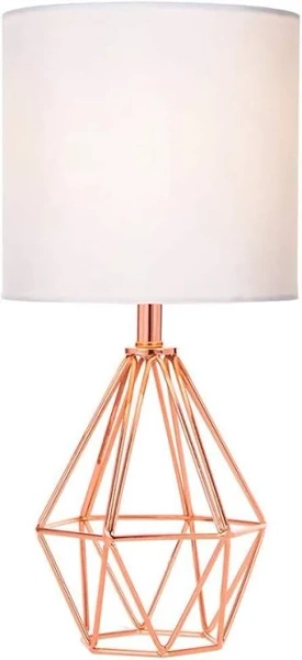 Cozy Serene - Gold White Table Lamp Lamp Modern Metal Hollow Base Bedroom Small Bedside Nightstand with Geometric Fabric - Rose Gold
