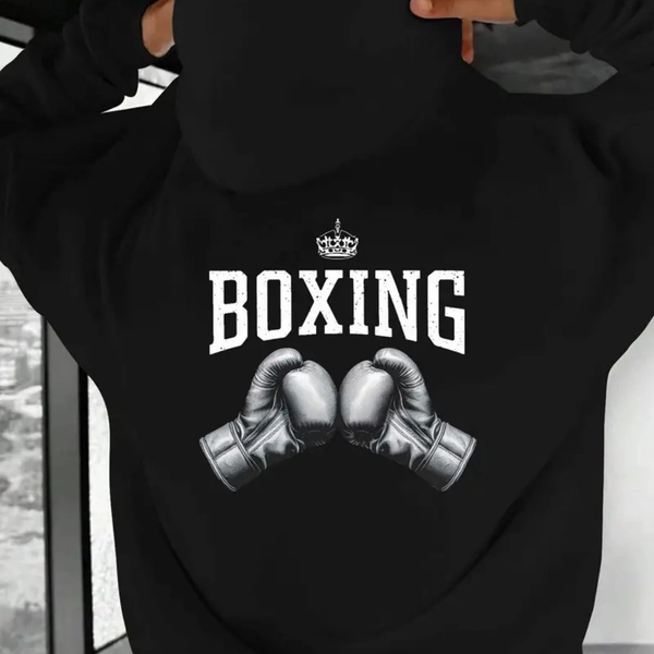 Men'S Oversized Hooded Sweatshirt with Boxing Graphic Lettering & Fist Design - Soft Knit Fabric, Kangaroo Pocket, Machine Washable, Loose Fit Long Sleeve Pullover for Layering Standalone Wear - Casual & Smart-Casual Winter Outfits (Black/White