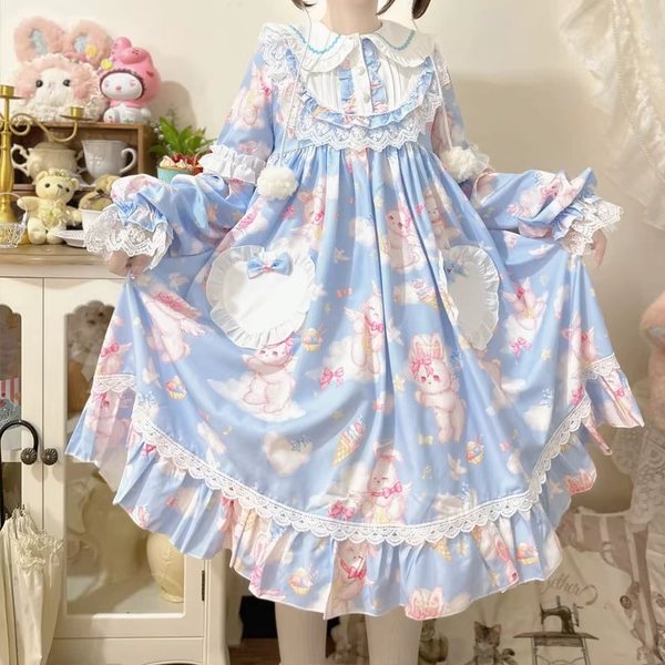 Japanese Sweet Bunny Print Lolita Op Dress Women Kawaii Bow Lace Dresses Girls Cute Peter Pan Collar Long Sleeve Lolita Clothing - AliExpress 200000345