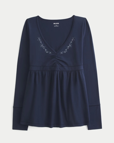 Long-Sleeve Pinch Bust Babydoll Top
