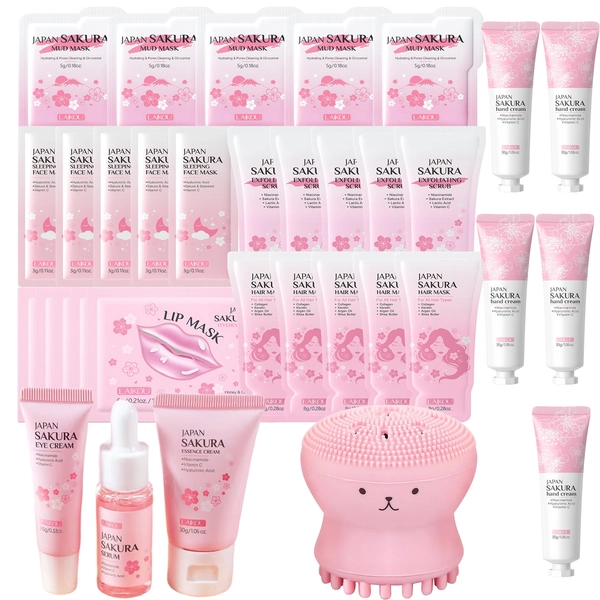 LAIKOU SAKURA Cleansing Set | Mask, Eye Mask, Lip Mask, Hair Mask, Essence, Toner - Moisturizing, Suitable for All Skin Types, Perfect Valentine'S Day Gift for Girlfriend or Mom