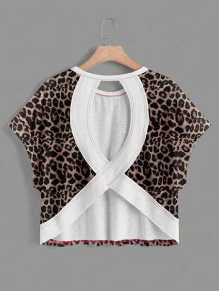 SHEIN Essnce Women Casual Round Neck Back Hollow Asymmetrical Hem Loose Sleeveless T-Shirt With Leopard Print, Suitable For Summer