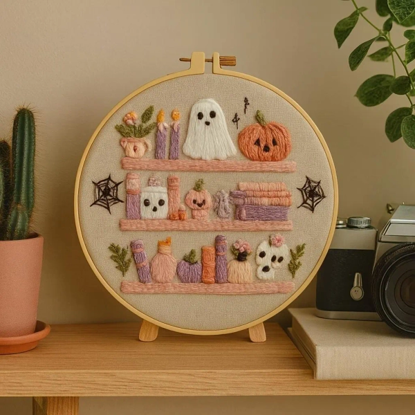 Halloween Embroidery Kit for Beginners with Ghost, Pumpkin, Skull and Books – Beginner DIY Embroidery Set with Hoop, Threads and Pattern