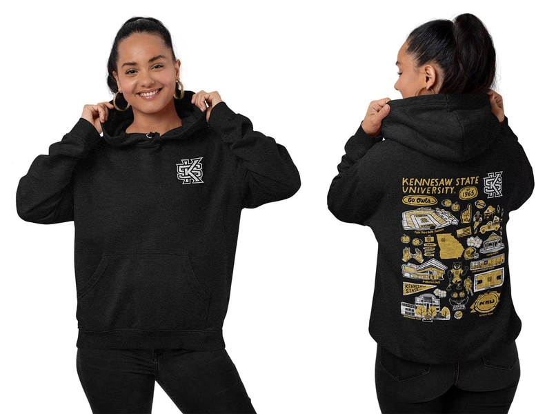Kennesaw State University KSU Owls Hand Sketched Artwork Black Cotton Fleece Women Hoodie