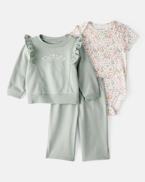 Baby Girl 3-Piece Floral Sweatshirt Outfit Set - Green
