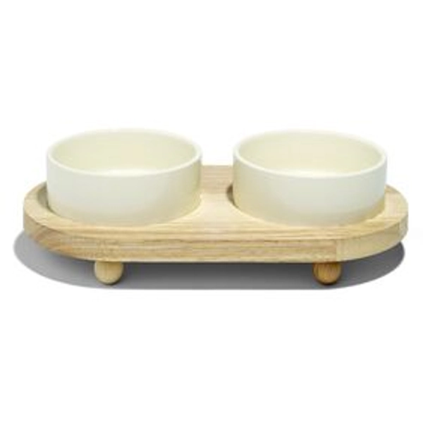 Gamelle double pour chien en dolomite avec socle en bambou
