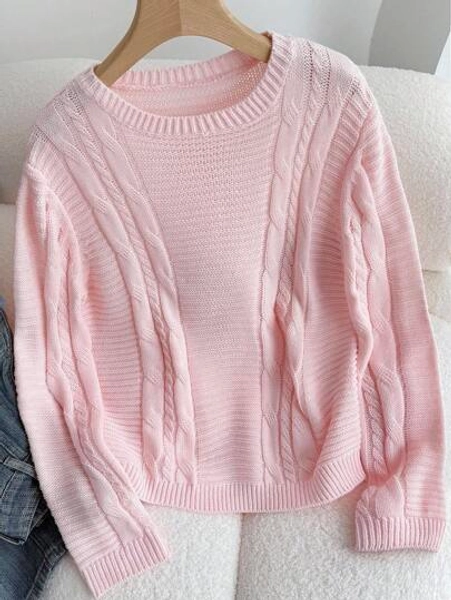 SHEIN Tween Girl Loose Fit Crew Neck Long Sleeve Cable Knit Sweater, Casual College Style Pink Sweater For Girls Pink Sweater Tween Sweater For Tweens Teen Sweater Girls Pink Cable Knit Sweater Cropped Sweater Light Pink Sweater Aesthetic Sweater,In Fall/Winter Cozy Fall & Winter Styles Suitable For Autumn/Winter Daily Wear,Street Style, Home Sweaters