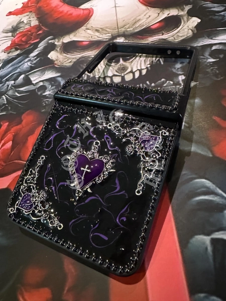 Gothic Luminous Purple Heart Cross Phone Case with Hinge Protection, Custom Galaxy Z Flip Motorola Razr Ultra