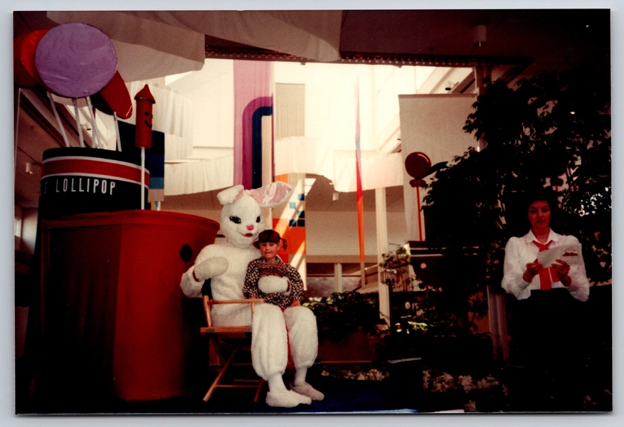 Vintage Photo Child With Easter Bunny at Shopping Mall Candy Display 1980s