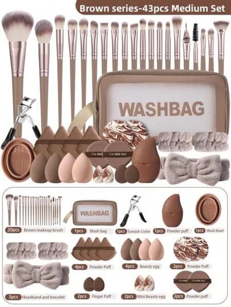 10/33/25/22/10/16/43PCS Makeup Tools Set Including:1pc Multi-Functional Zipper Toiletry And Cosmetic Bag Waterproof+20PCS Makeup Brush Set+4PCS Makeup Sponges+2PCS Mini Makeup Sponges+4PCS Triangle Powder Puffs+2PCS Mini Air Cushion Powder Puffs+1pc Hairband+2PCS Hand Bowl Strap+1pc Makeup Brush Cleaning Tools+1pc Eyelash Curler+1pc Facial Ice Compress+2PCS Round Dual Color Non Latex+2PCS Air Cushion Powder Puff