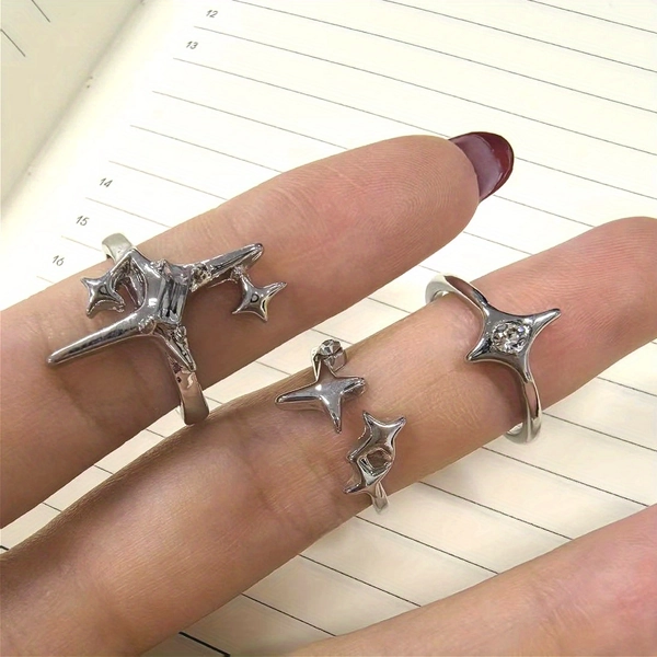 3pcs Vintage Onregelmatige Cross Star Open Ring voor Vrouwen Mannen Punk Gothic Zilver Kleur Verstelbare Paar Ringen Y2K Egirl Sieraden Gift