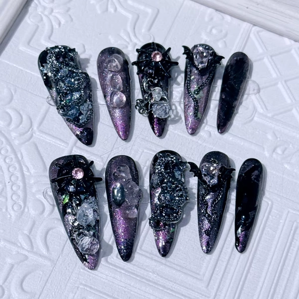 Dark Spice Girl Handmade Press On Nails Long Tips Glitter Dazzling Nail Art 3D Dragon Fake Nails - AliExpress 