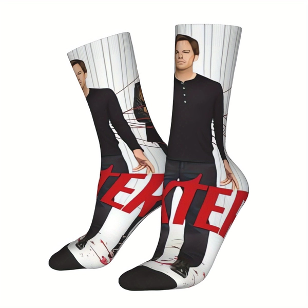 ZLIENSZUS Dexter TV Show Men's Graphic Socks - Full-Body Print with Blood Splatter & Red Text, 95% Polyester 5% Spandex, Elastic Comfort Fit for Cosplay, Skateboarding, Hip Hop Streetwear (US Men's 8-13), Funny Socks for Adults, Casual Wear, Edgy Sock Design