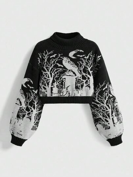 ROMWE Gothic Dark High Neck Warm Raven Graveyard Moon Bat Branch Jacquard Black Lantern Sleeve Women Sweater