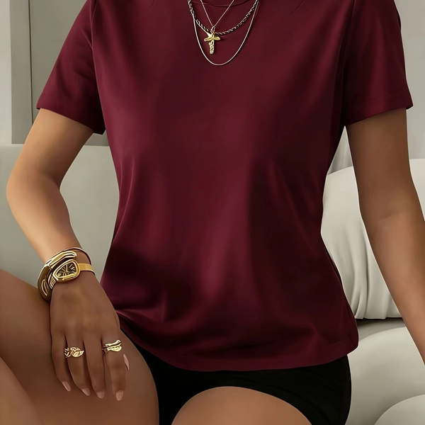 Women's 2026 New Slim-Fit Short-Sleeve Round Neck T-Shirt - High-Elastic Solid Color Casual Blouse, Machine Washable Spring Summer Fall Everyday Top with Short Sleeves & Minimalist Style for Layering - In Stock