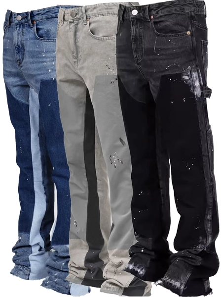 2025 Men's Fashion Jeans Work Pants, European and American Fashion Workwear Elastic Patchwork Denim Layered Flared Pants S-XXL