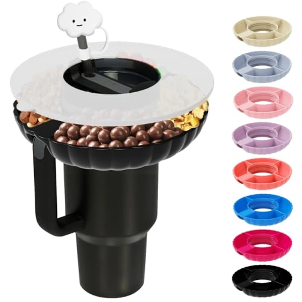 Incolumitas Stanley Snack Tray, Food Grade Silicone Snack Bowl for Stanley Cup 30 oz Accessories with Straws Cover, Stanley Accessories 30 oz Snack Bowl for Stanley Tumbler Accessories (Black)