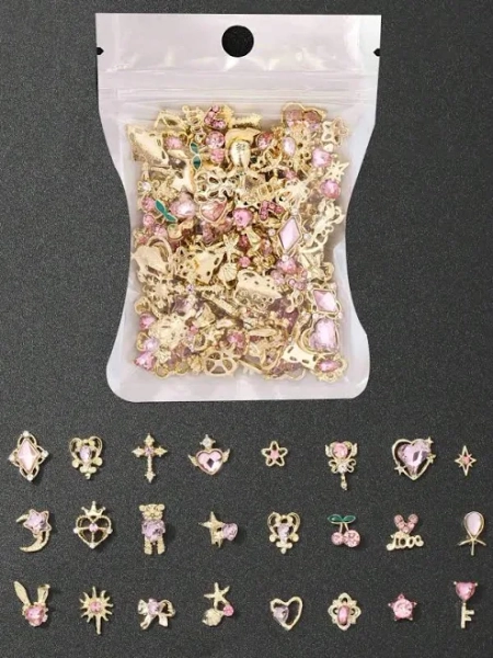 30pcs Random Gold Pink Nail Charms Art Design Supplies Gems Pearls Flowers Stars Shiny Crystal 3D Heart Bow Cherry Crown Butterfly Zinc All