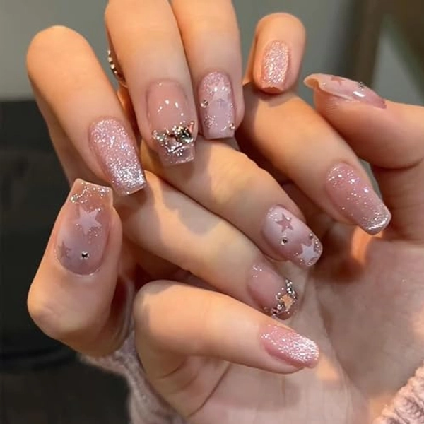 Press on Nails Medium Length Aritifical Square Fake Nails Rhinestones Stars Design Nude Glitter Arcylic False Nails Full Cover Reusable Coffin Nails Nature Fit Stick on Nails Glue on Nails for Women