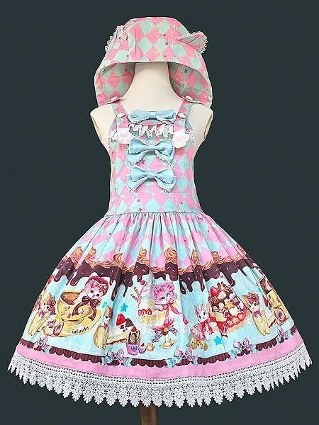 [£65.69]Pink & Green Diamond Pattern Sweet Lolita Overall Dress with Dessert Print and Cat Ear Hood