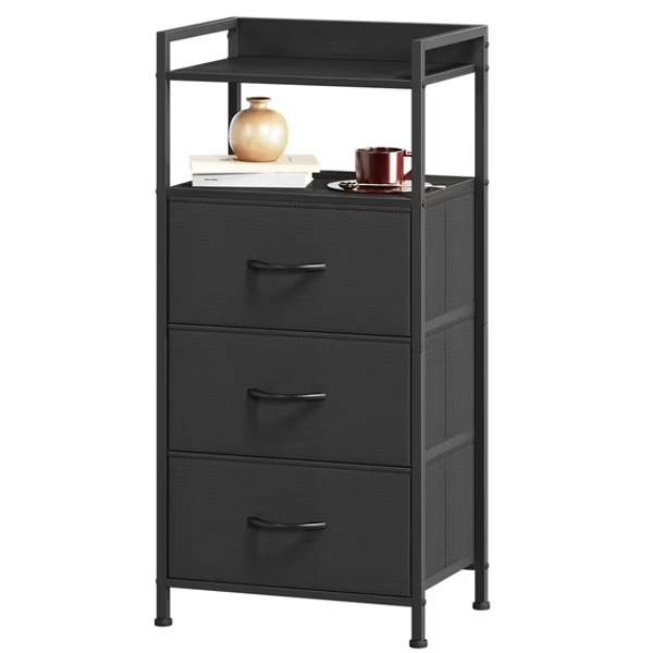 Eunos Black Tall Nightstand, 3 Vertical Fabric Drawer Dresser for Bedroom, Living Room, Hallway