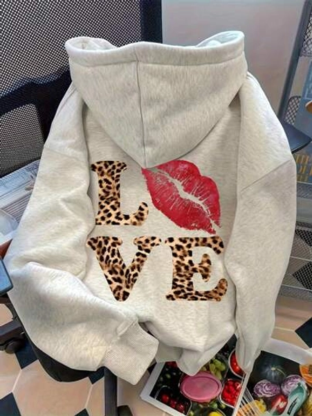 L LOVE VE Leopard Print Heart Letter Pattern Casual Pullover Hoodie For Women, Solid Color Long Sleeve Pocket Dropped Shoulder Sweatshirt, Fall Clothes For Women Back To School
