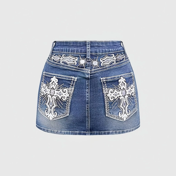 New Arrival Summer Women's Denim Mini Skirt, American Western Style with Heavy Embroidery & Rhinestones, High Waist A-line Slim-Fit Retro Y2K Hot Midi Skirt