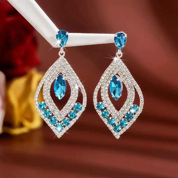 Elegant Blue Water Drop Earrings, Sparkling Rhinestone Water Drop Tassel Earrings, Graceful Jewelry for Evening Parties And Formal Occasions