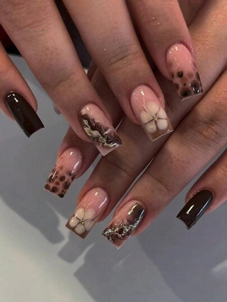 24Pcs/Set Leopard Tie Dye Shimmer Floral Pattern Short Square Sweet & Edgy Press-On Nails, Comes With 1Pc Jelly Gel And 1Pc Nail File, Suitable For Women & Girls Nail Art, Dates & Parties Nail Supplies Nails