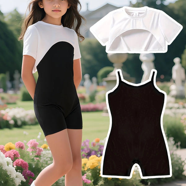 2pcs Set for Girls: a Fashionable, Casual, and Simple White Cropped T-shirt with an Irregular Top and a Slim-fit Camisole Jumpsuit. This Summer 2pcs Set Is Suitable for Daily Outings, Leisure Activities, and Sports, Making It Ideal for Outdoor Wear