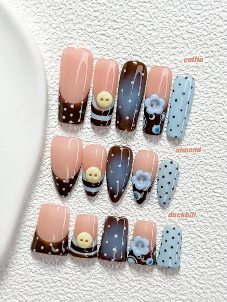 10Pcs Retro Sweet Style Handmade Nail Art Set,Unghie Press On,Buttons,Stripes, Dots,Dark Brown And Blue Nail Polish,Includes Nail Tools,3 Sizes Available,Almond Nails , Duck Nails,Coffin Nails For Party, Dance, Daily Wear.