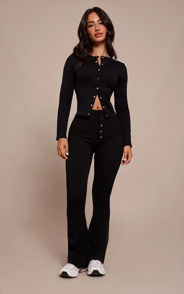 Petite Black Contour Rib Button Detail Flare Leggings