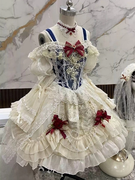 Sweet Lolita Wedding Dresses Lace Ruffles Color Block Ecru White Hime Lolita Dress