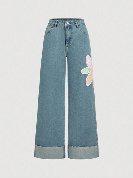 SHEIN MOD Women's Floral Pattern Pocketed Wide Leg Loose Casual Jeans Patchwork Jeans