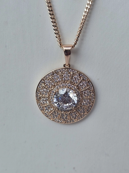 18ct Rose Gold Plated CZ Round Paved  Pendant Necklace 20"/50cm 