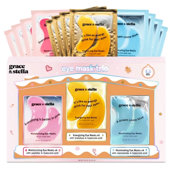 Grace & Stella Holiday Eye Mask Trio 12 pairs (4 Gold, 4 Pink, 4 Blue)