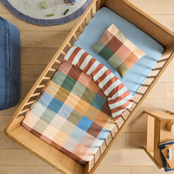 Adairs Kids - Morgan Blue Check Flannelette Cot Quilt Cover Set | Adairs