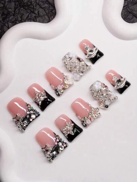 10Pcs Handmade Y2K-Style Duck Mouth Nail Tips, Nude & Black Colors With French Tip, Crystal, Snake, Flower, Planet, Star Elements, Suitable For Parties, Balls, Daily Wear, Unisex For Women & Girls, Comes With Accessories, Great Gift Press On Nails Nail Supplies Nails