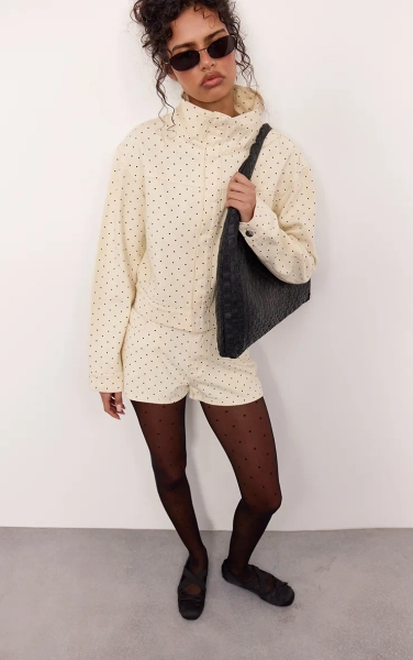 Cream Funnel Neck Cropped Denim Jacket