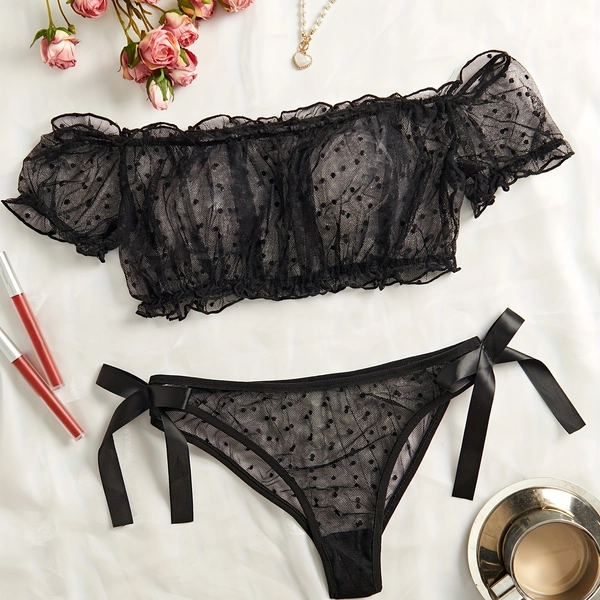 Y753 European Style Contrast Lace Off-the-Shoulder Lingerie Set