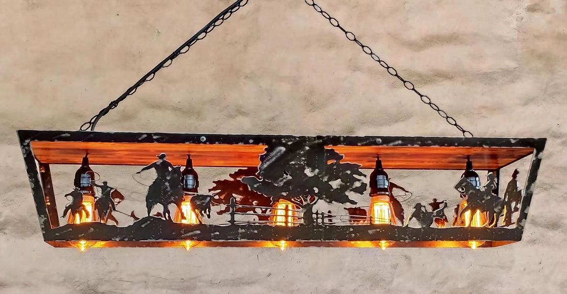 Western ceiling lights. Rustic light fixture. Cowboys and cattle
